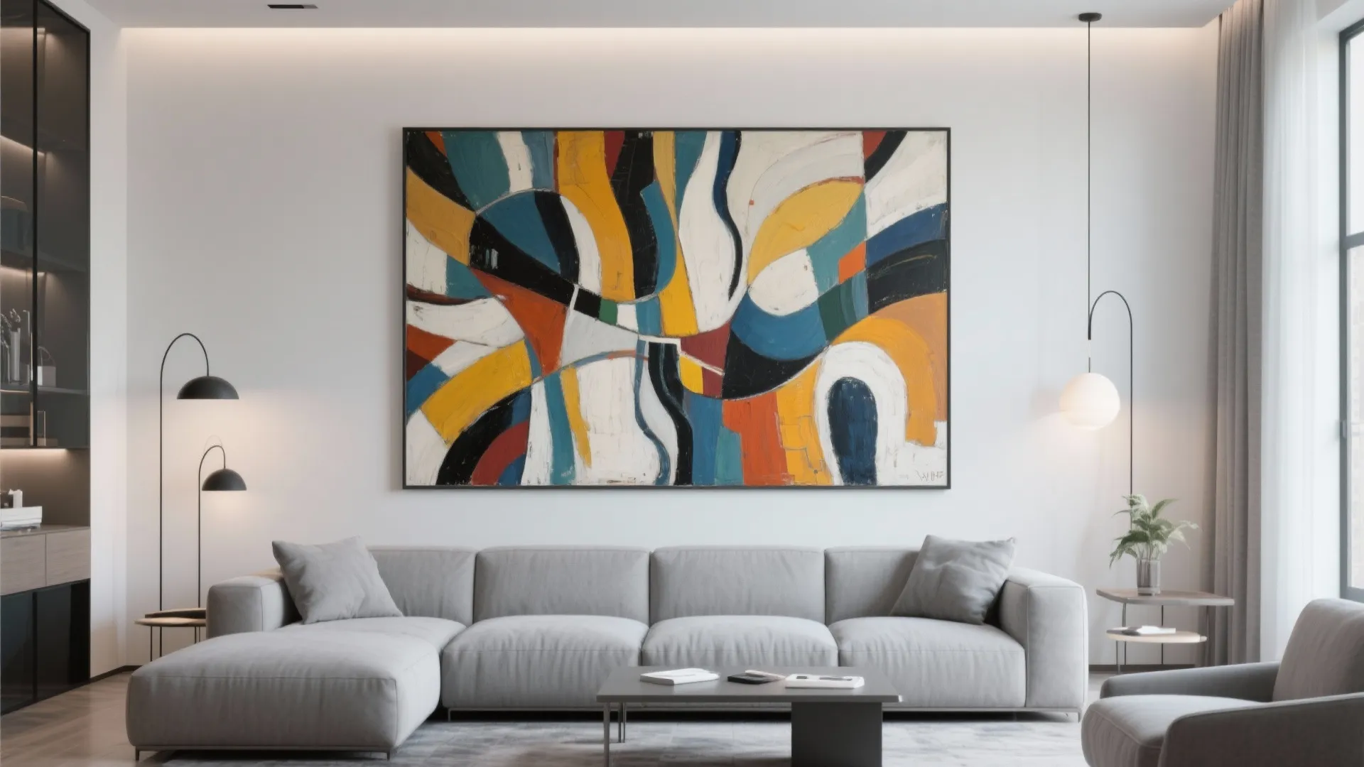 Modern living room featuring a large colorful abstract wall painting above a long grey sofa