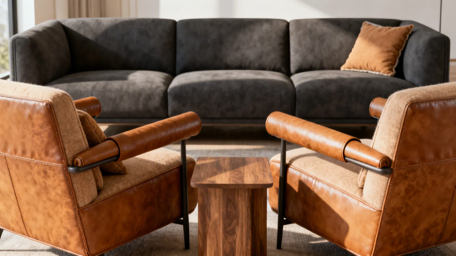 Deep gray sofa with two tan leather chairs forming a warm seating arrangement