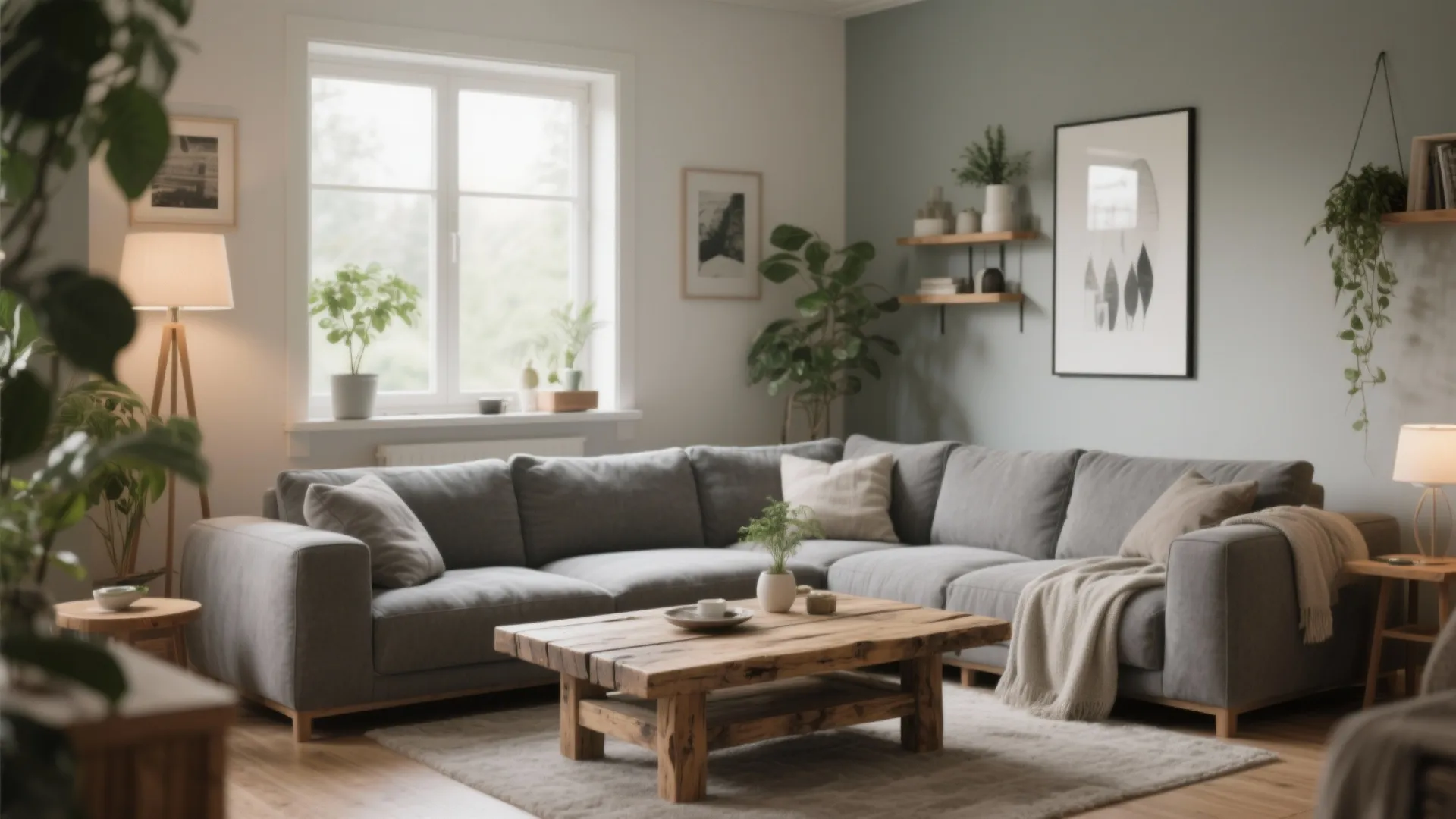 Large grey sofa with wood coffee table and indoor plants in a bright living room