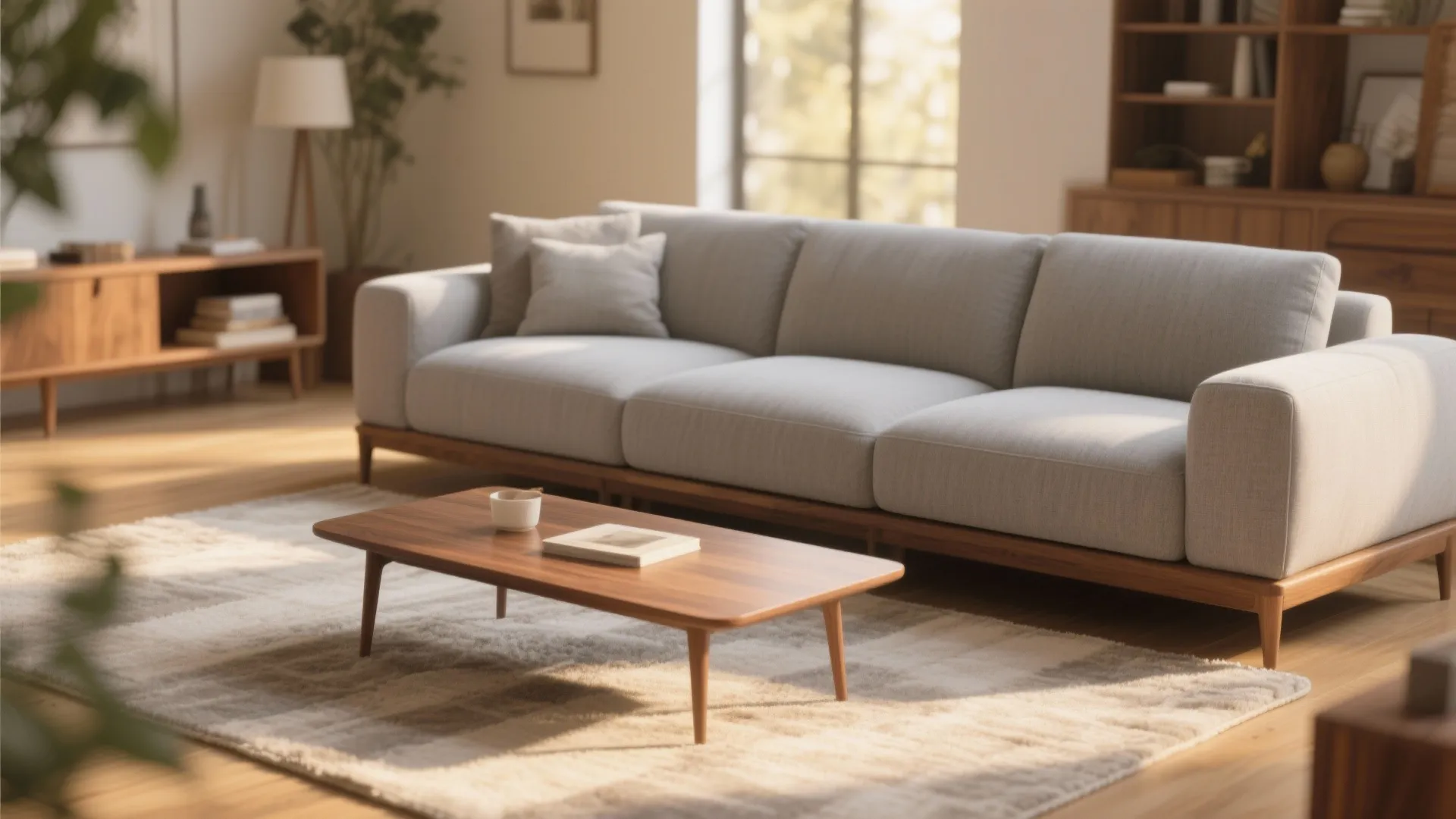 Modern grey sofa with wooden legs placed on patterned rug beside a wood coffee table