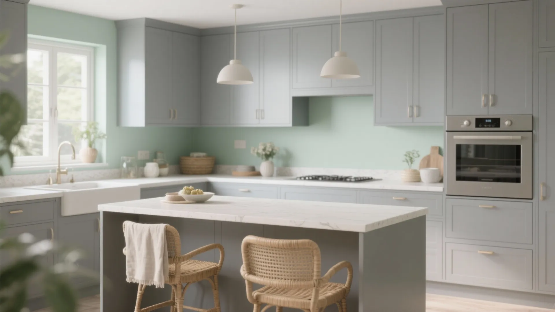 Dove-gray cabinets with soft sage walls and textured textiles for a gentle modern look.