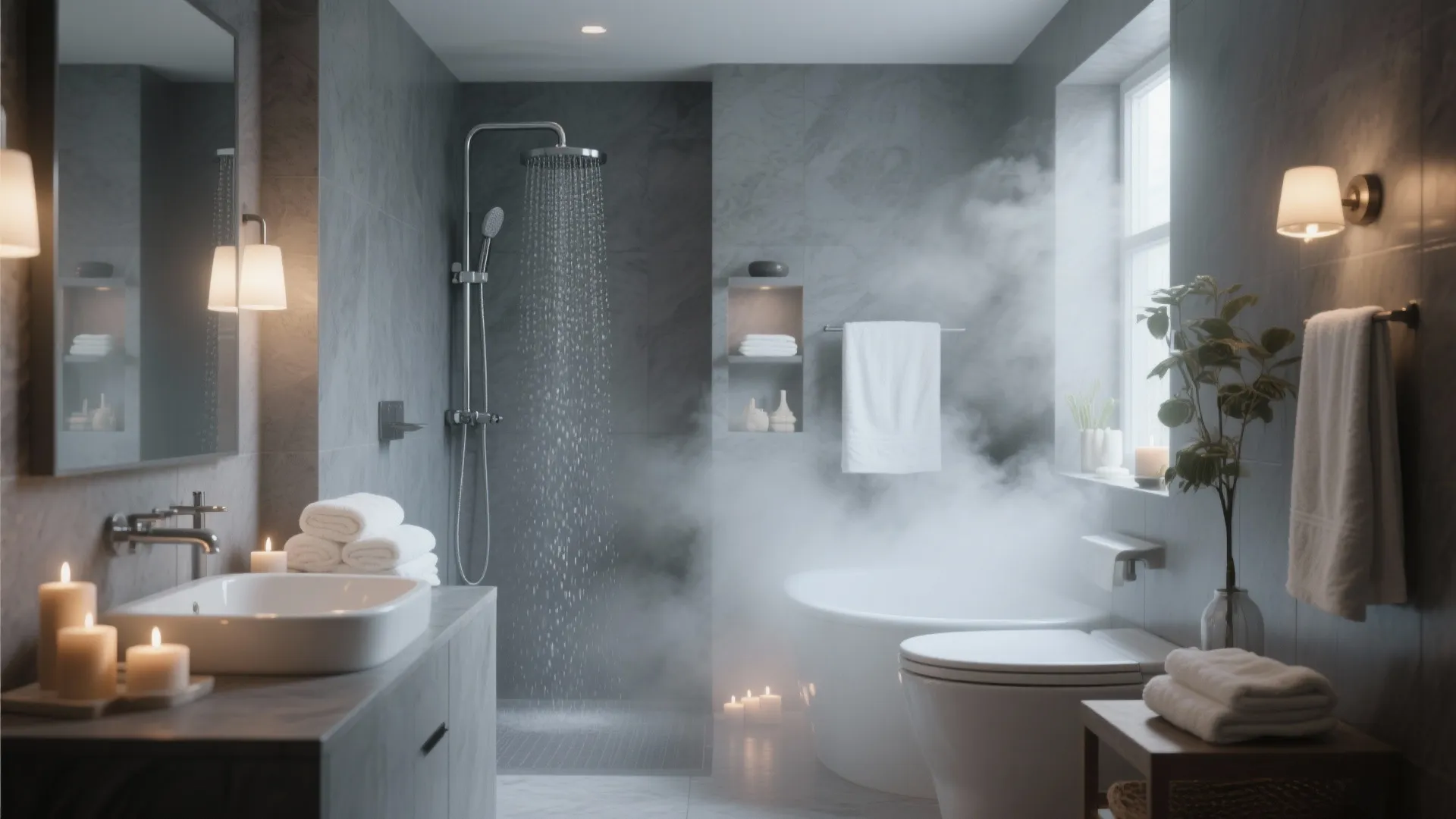 Steamy spa style bathroom featuring a walk in shower bathtub candles towels and warm wall lights