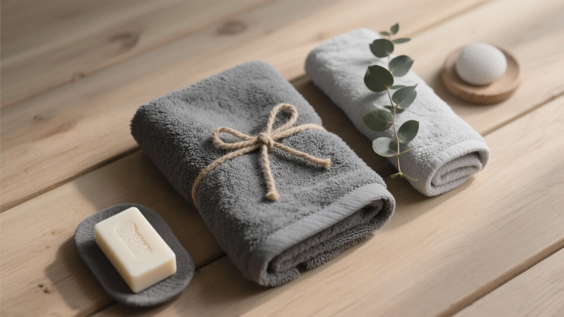 Grey spa towels with rope tie and white soap on wooden floor for bathroom interior design