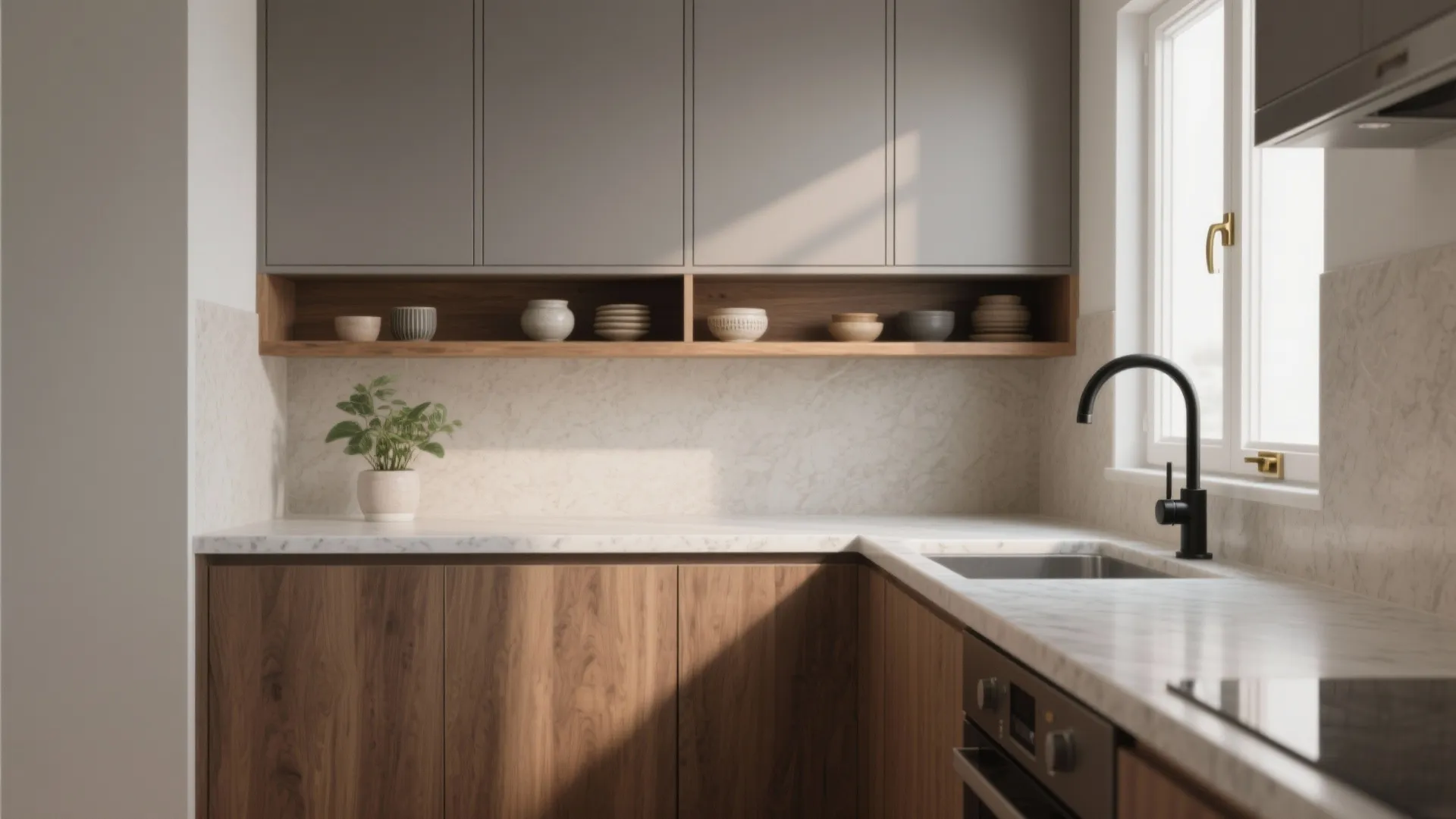 Modern kitchen corner with gray top cabinets wooden bottom cabinets black faucet and white countertop