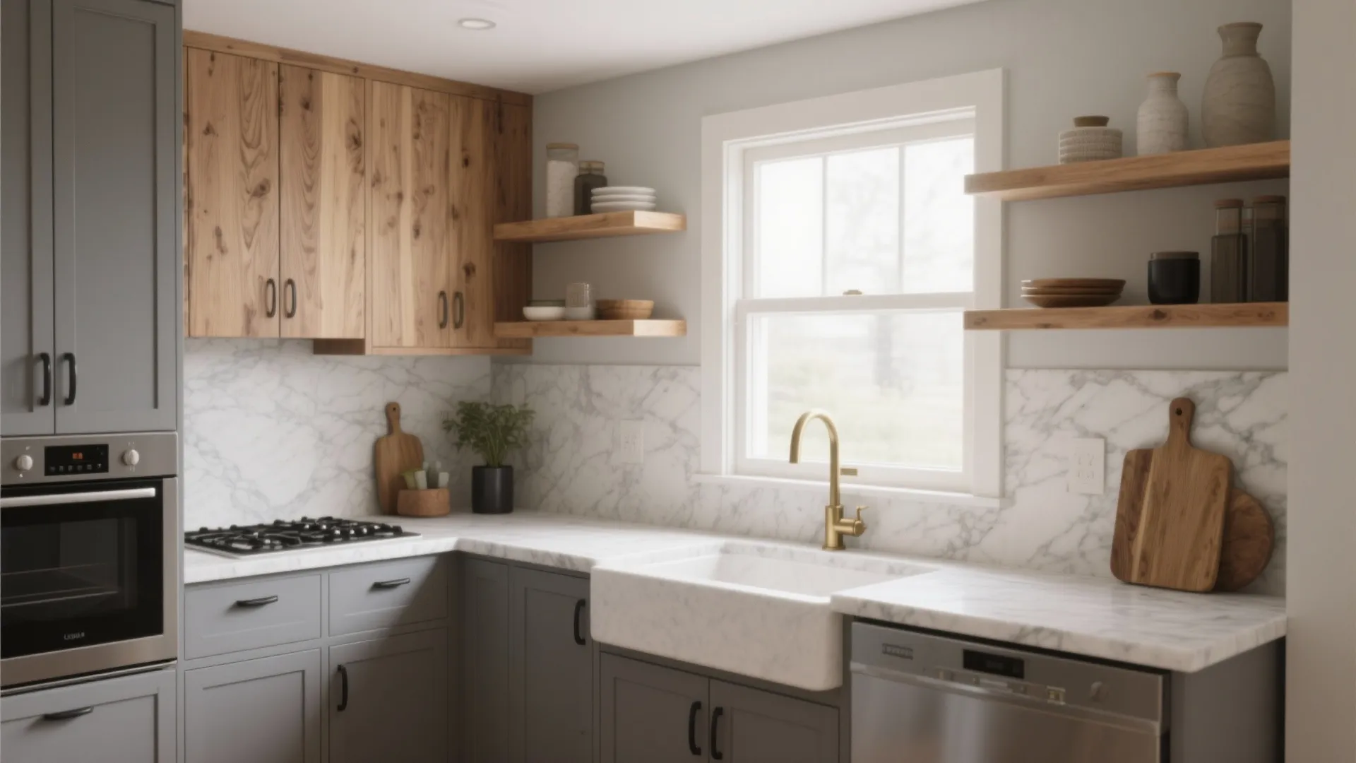 Modern kitchen with grey cabinets wood wall cabinets white sink gold tap and marble backsplash