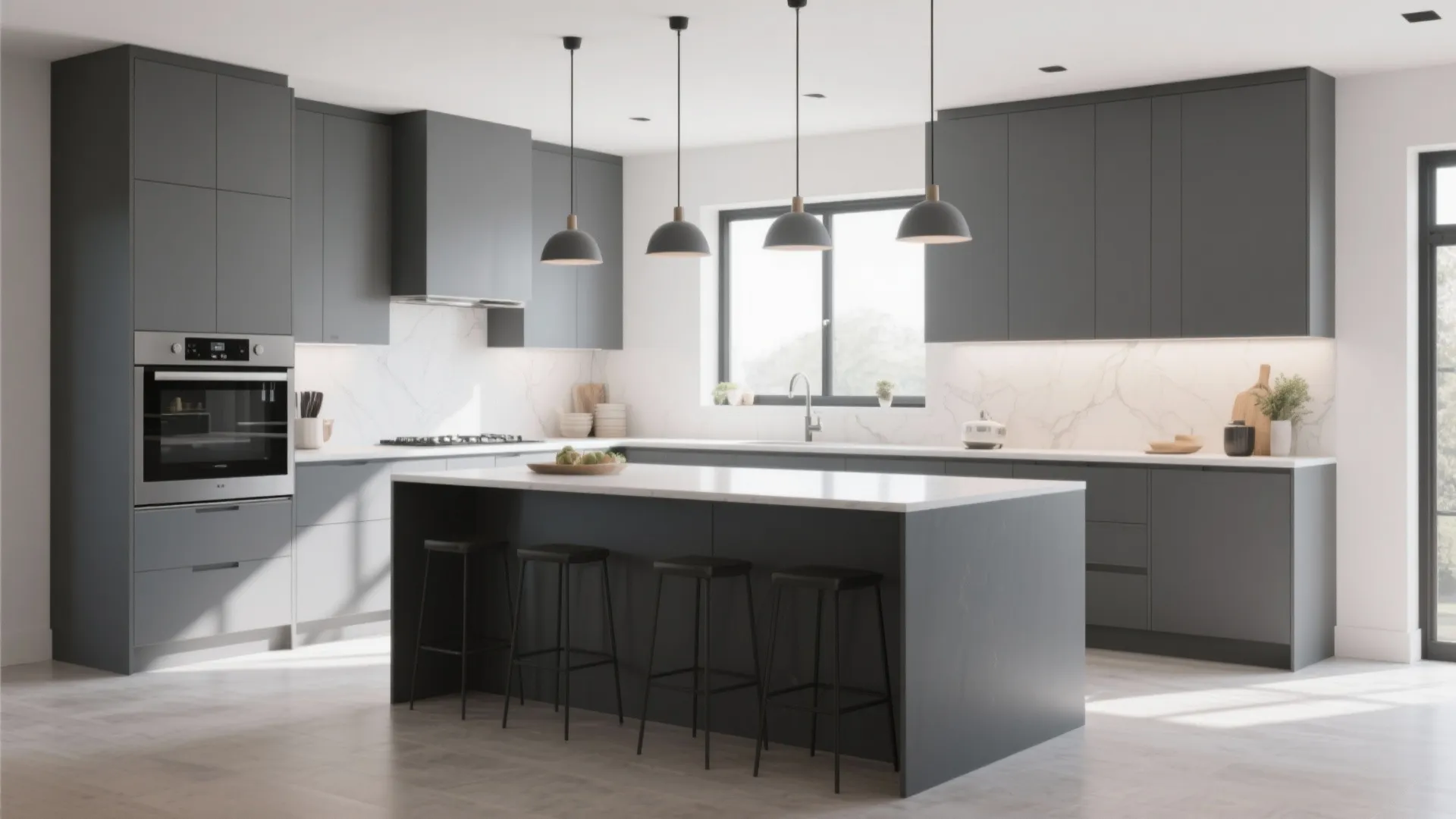 Modern dark grey kitchen with large white island stools ceiling light oven and marble wall