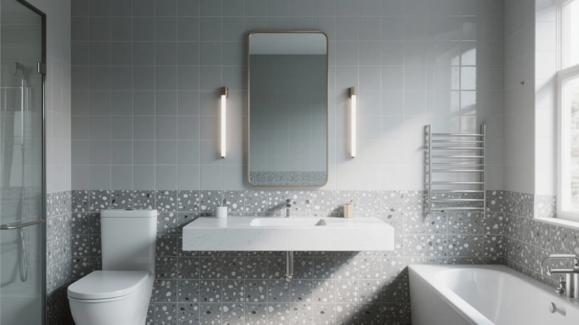 Modern grey bathroom with white sink mirror wall lights toilet and a white bathtub for home