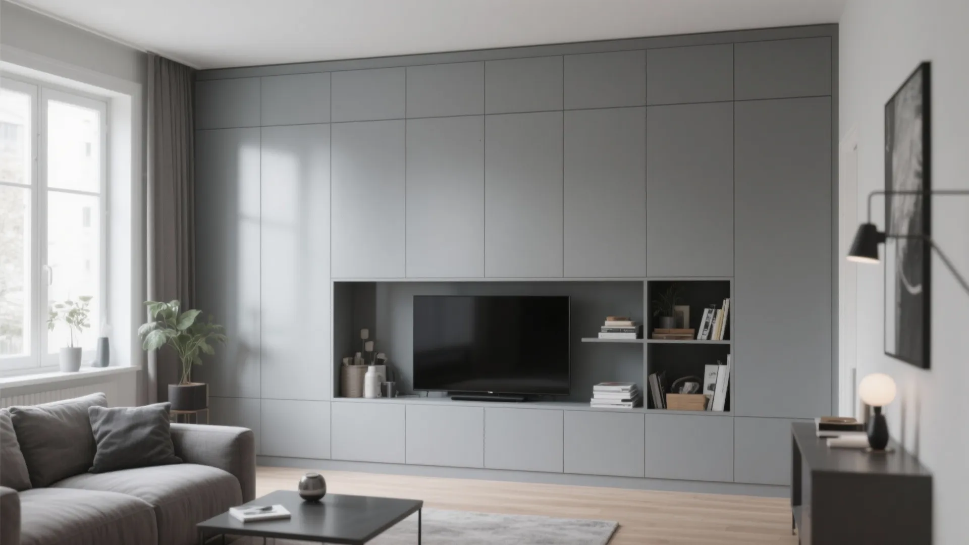 Large gray wall cabinet featuring a television cutout and open shelves in modern living room