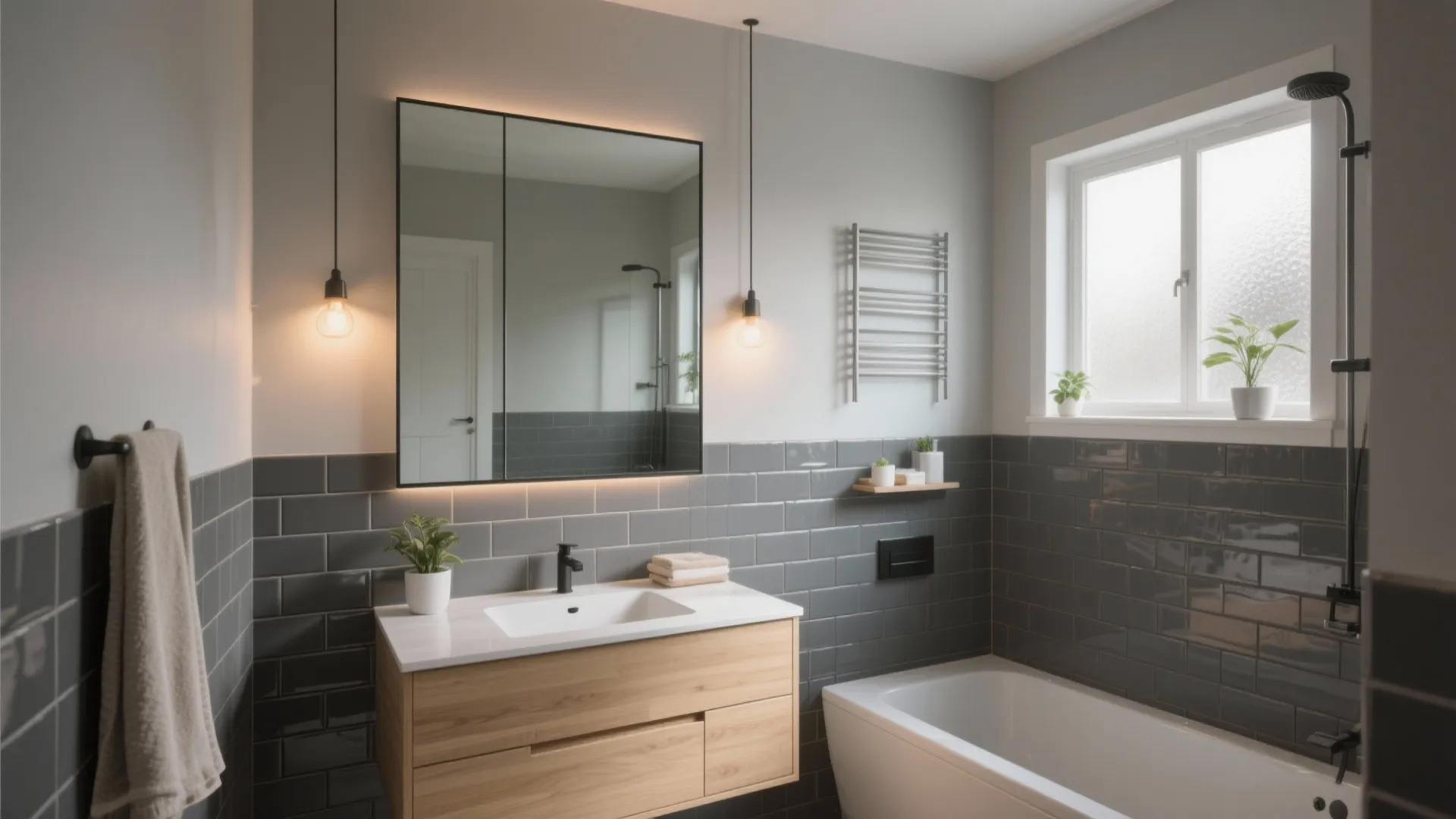 Modern bathroom featuring grey wall tiles wooden cabinet white sink large mirror and white bathtub