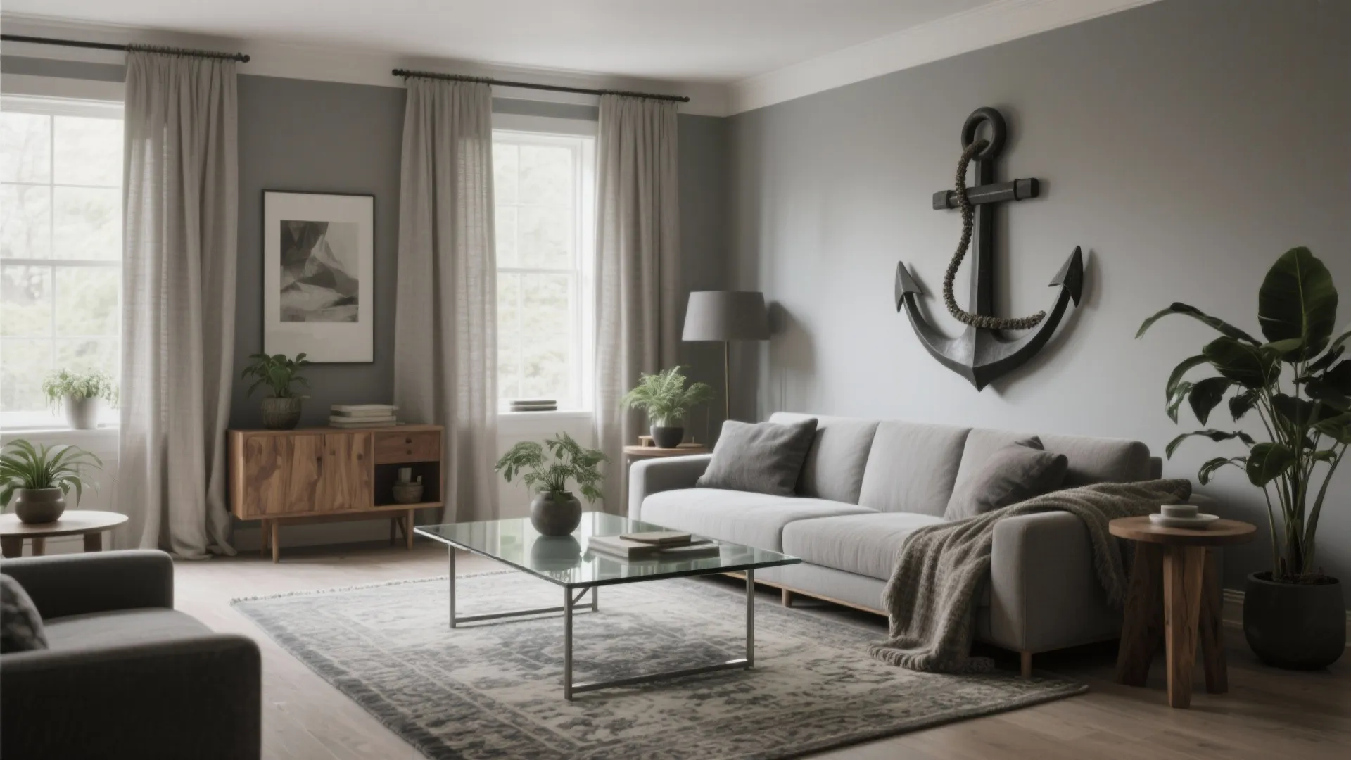 Modern grey living room with sofa glass coffee table wood cabinet and large wall anchor decor