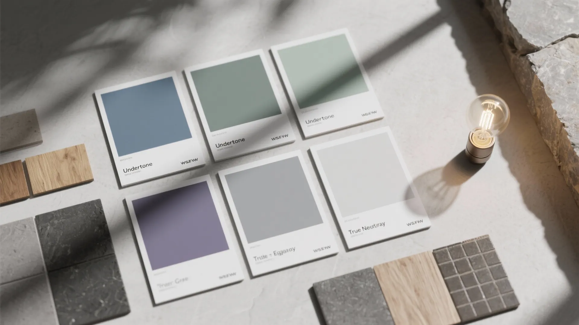 Interior design color palette cards with light bulb and stone tile samples on concrete surface