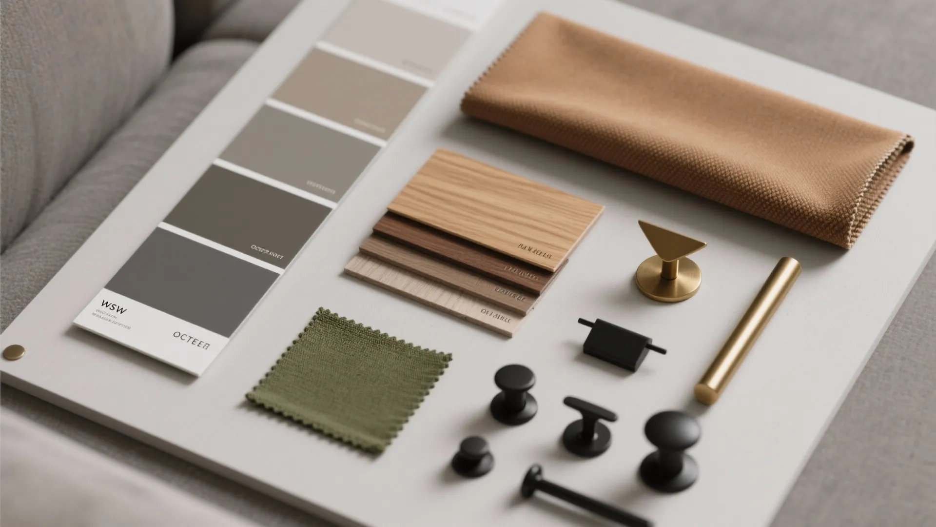 Interior design mood board with grey color swatches wooden floor samples green fabric and metal handles