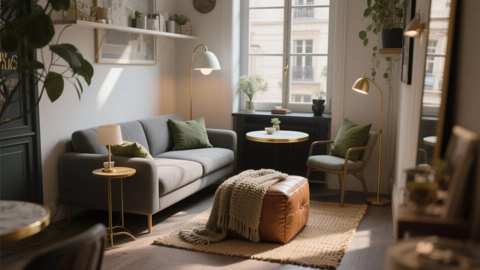 Cozy living room with grey sofa green pillows leather footrest and natural light from windows