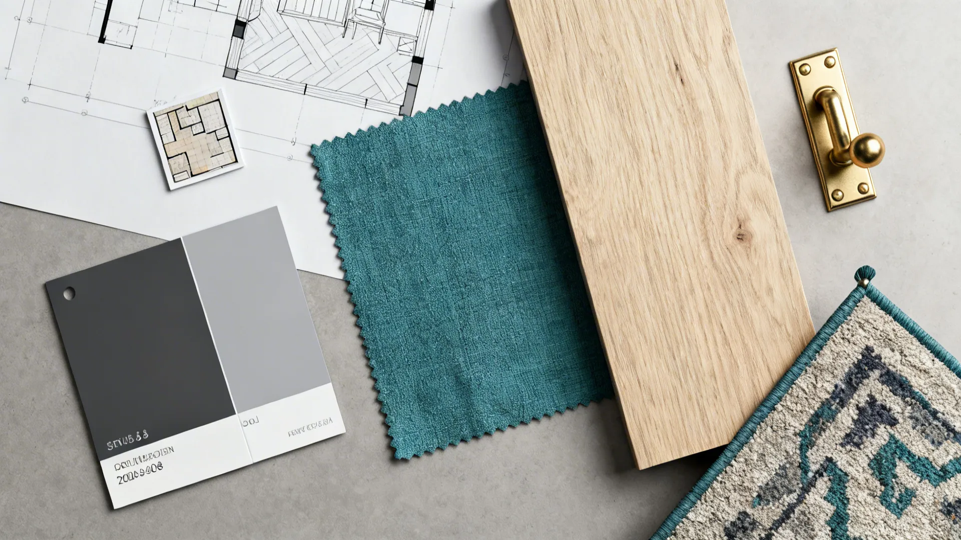 Top-down material flatlay of gray and teal paint swatches, fabric, wood and brass samples