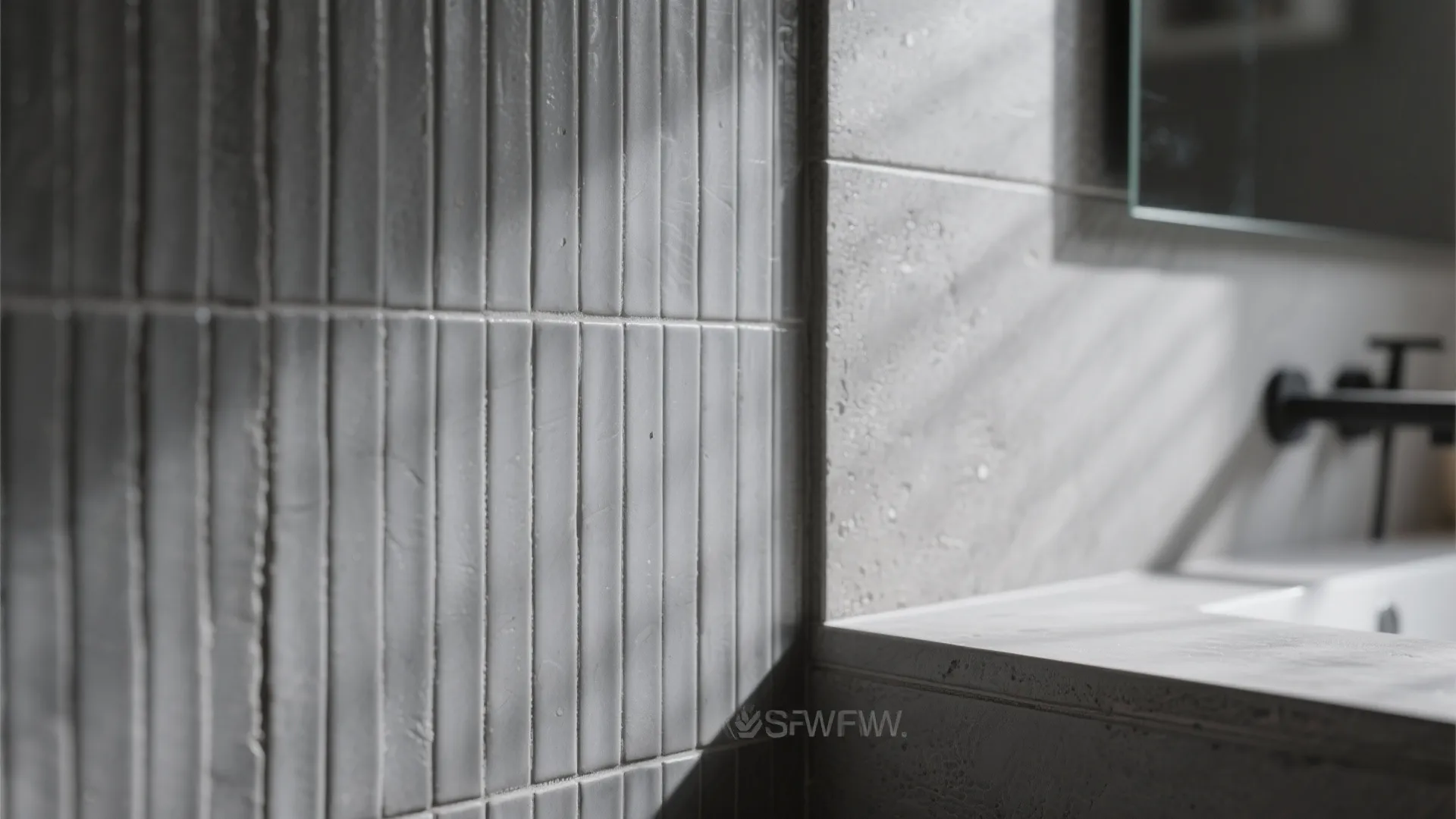 Close-up view of grey vertical wall panel tiles with sunlight shadows near a bathroom sink