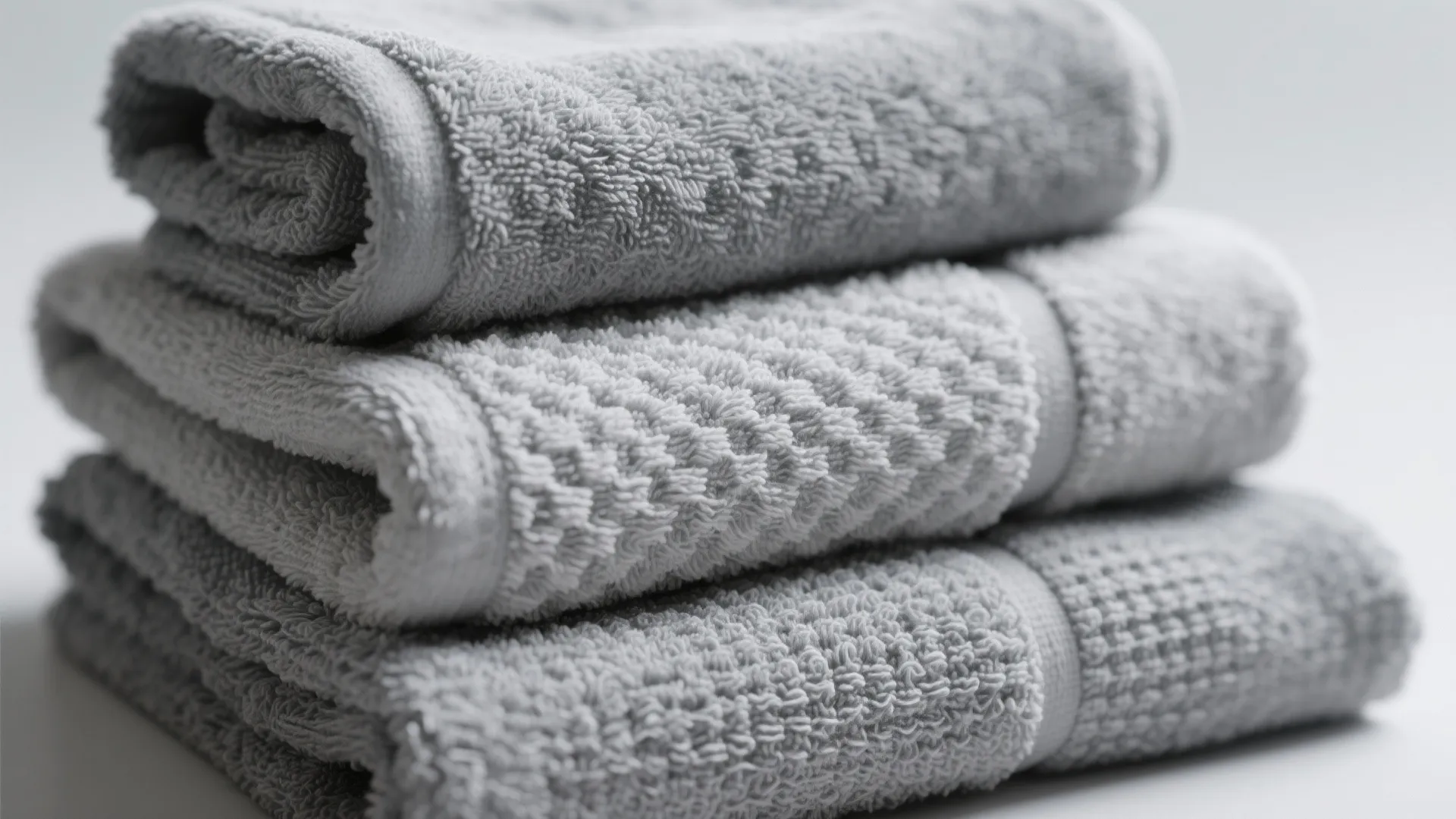 Stack of three textured grey towels showing soft fabric details for modern bathroom spa room decor