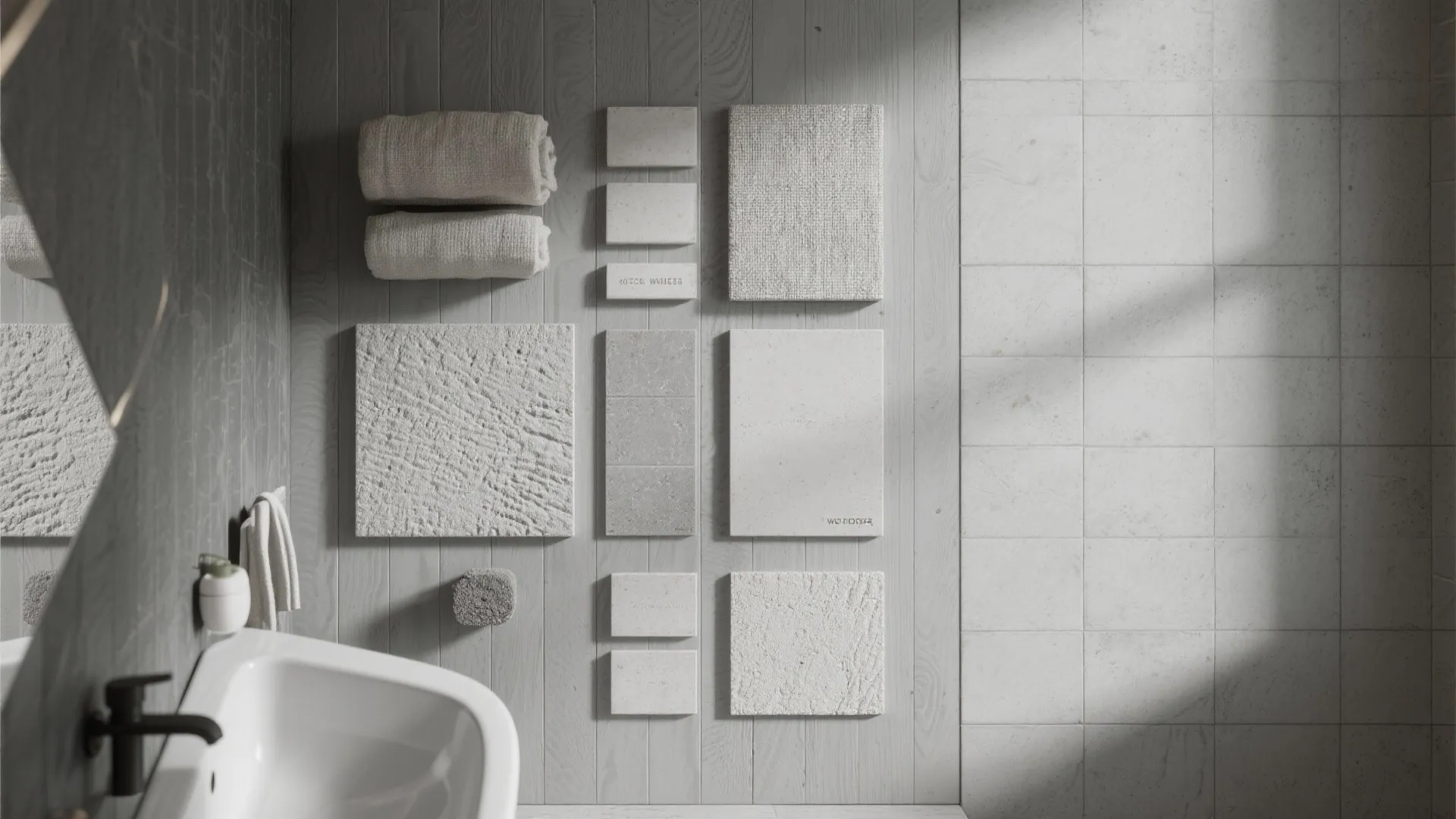 Gray bathroom wall design with textured tile samples rolled towels white sink and natural shadows