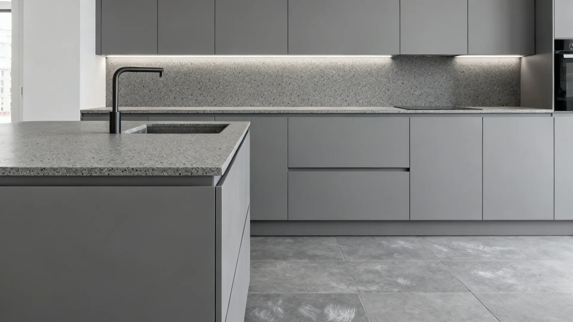 Minimal gray kitchen with honed granite counters and chalky Kota stone flooring.