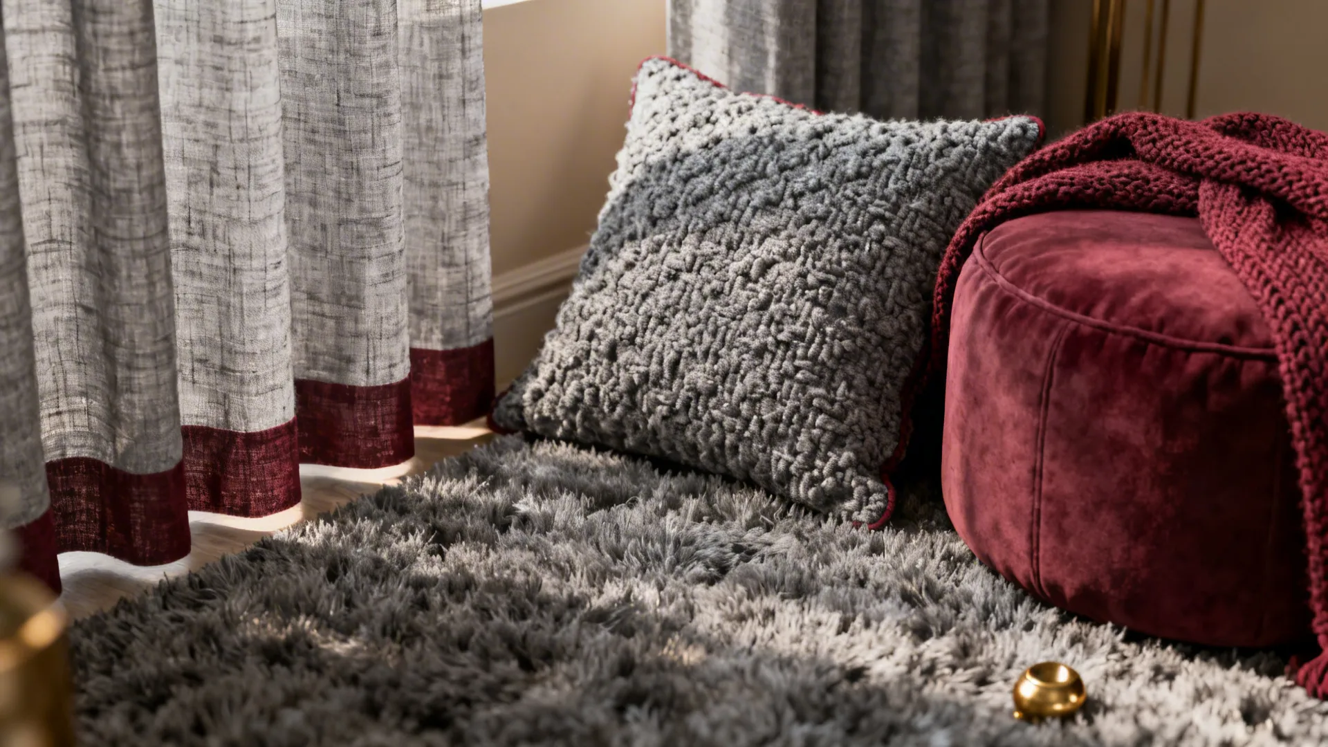 Flatlay of gray textile samples with a burgundy pouf and throw showing texture contrast