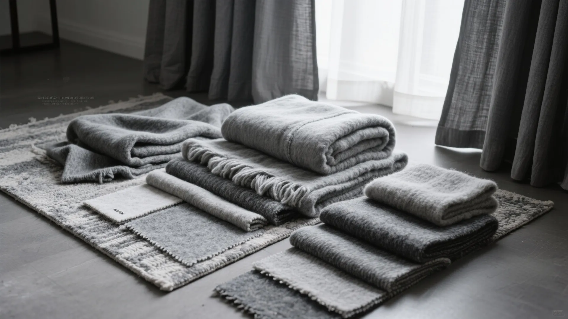 Soft grey blankets and fabric samples stacked on a rug near curtains and natural light