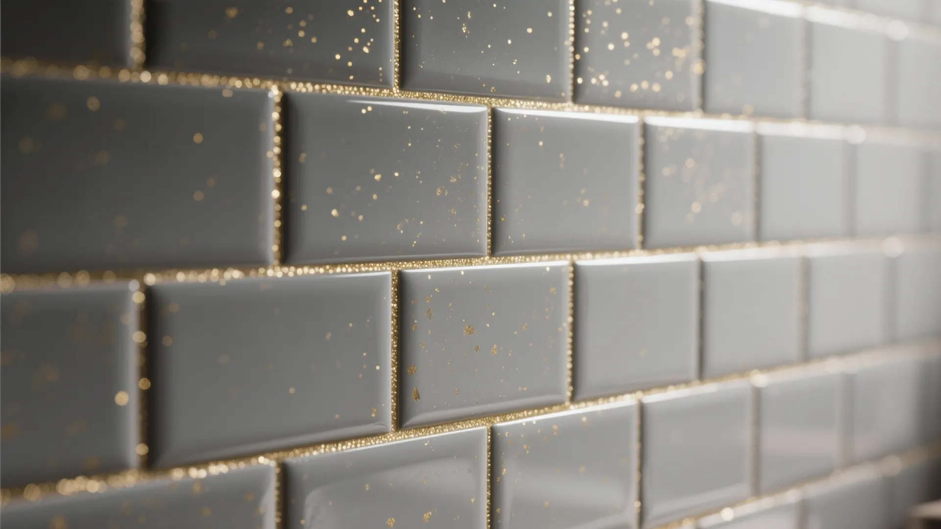 4. Gray subway tile with gold grout highlights