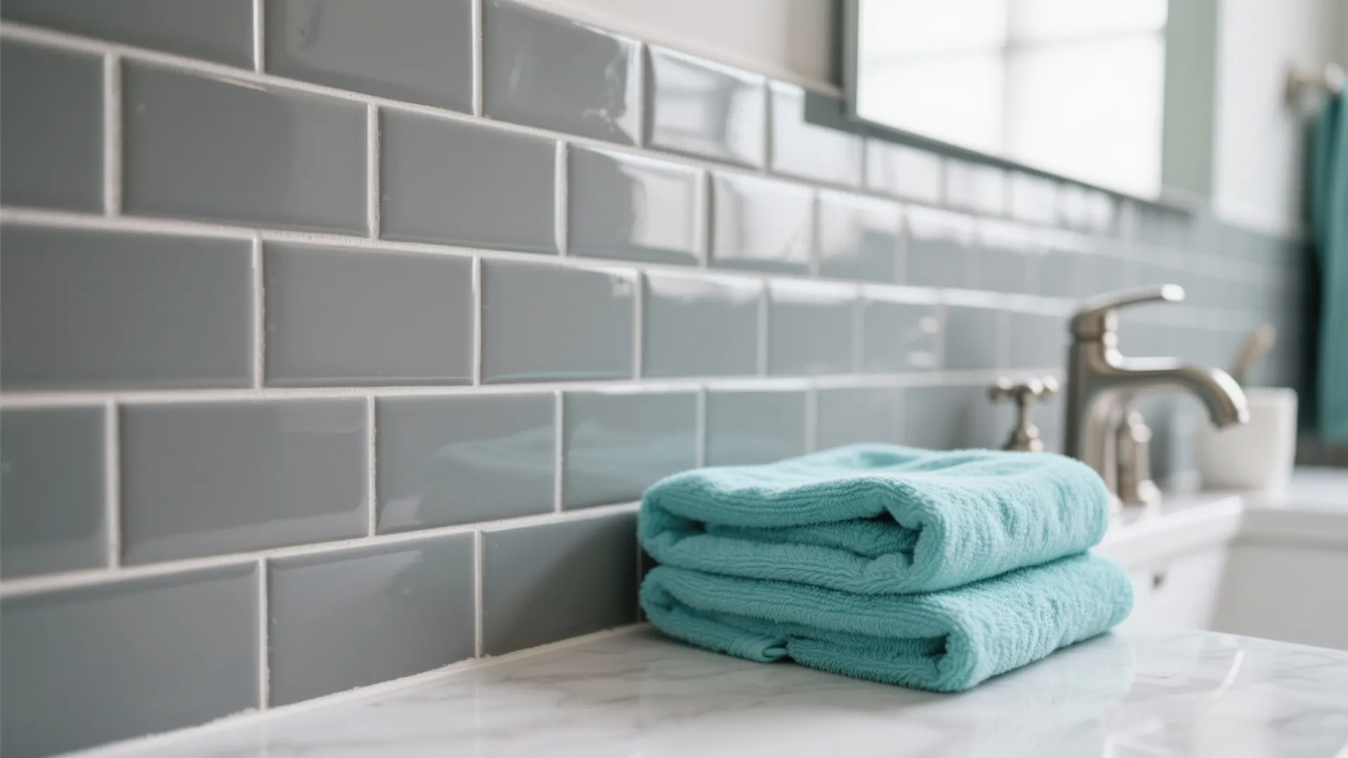 Modern bathroom with gray wall tiles aqua blue towels on a white marble counter top