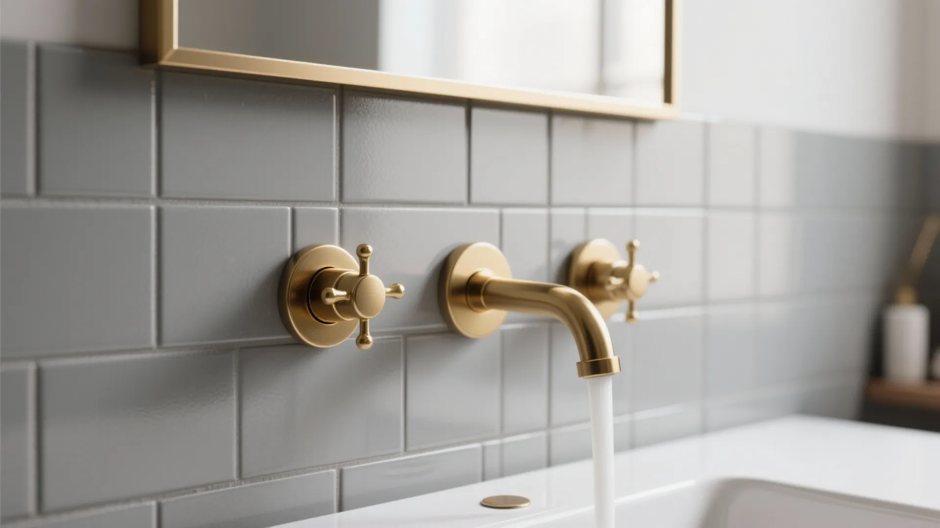1. Soft Gray Tiles with Brushed Gold Fixtures