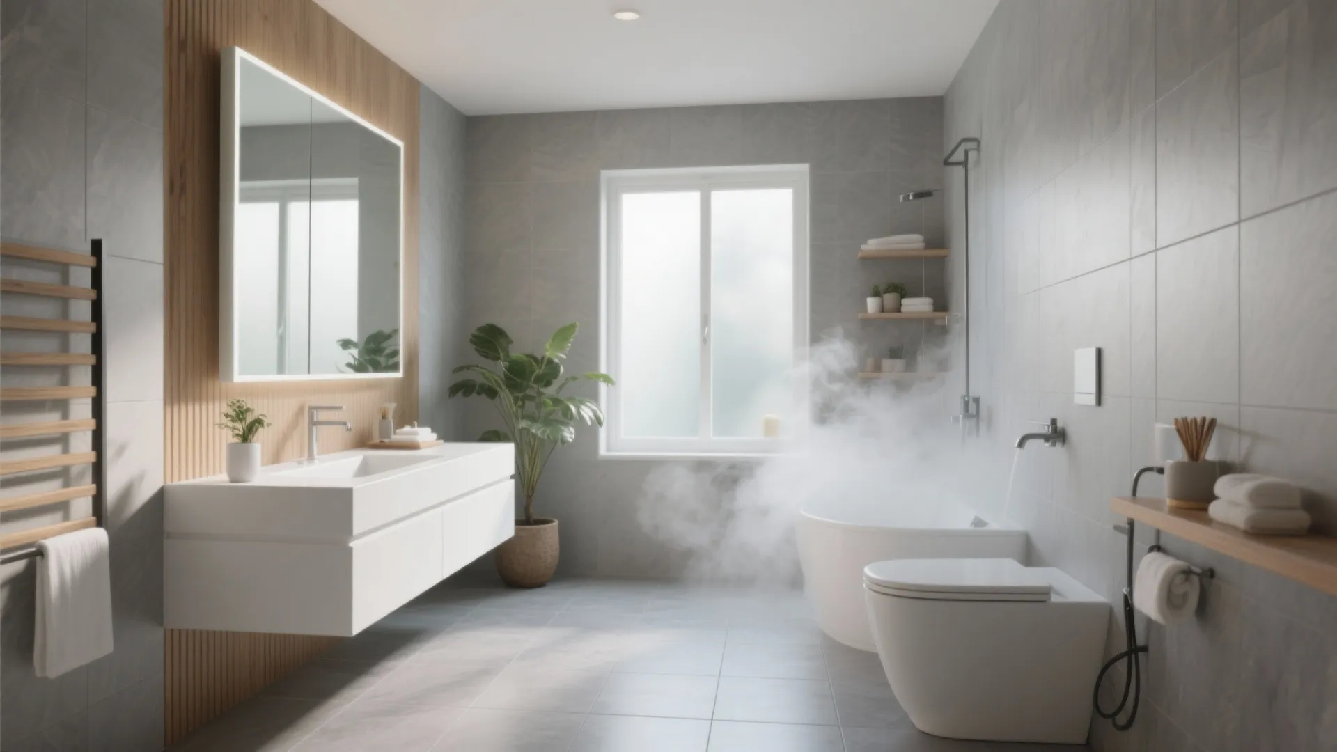 Modern bathroom with grey tiles white sink large mirror steaming bathtub green plant and light