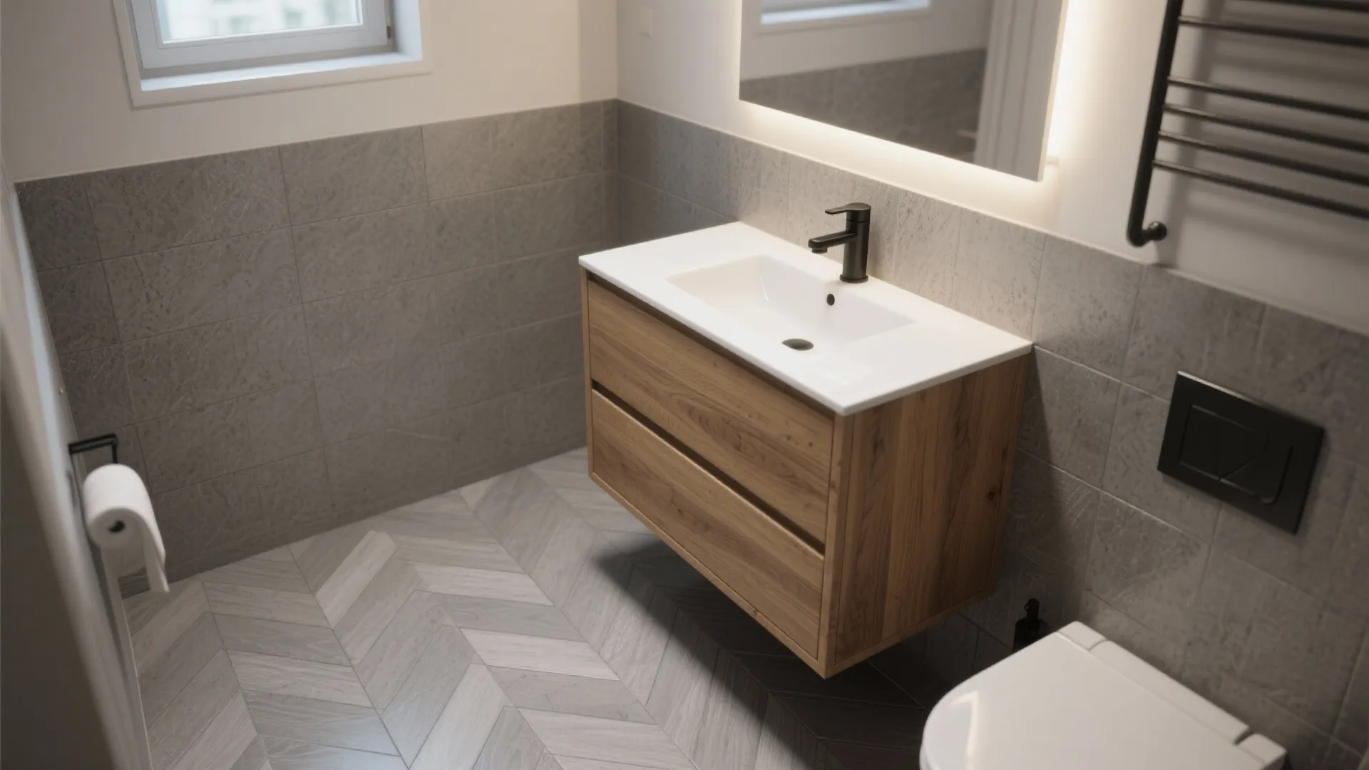 2. Gray tiles with warm wood accents