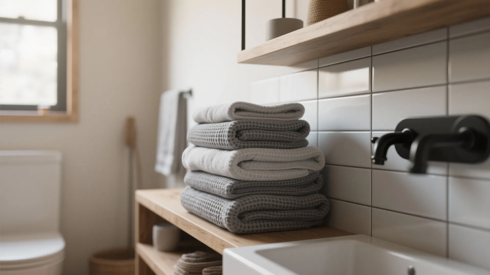 Folded gray towels stacked on a wooden shelf next to white tiles and a black faucet