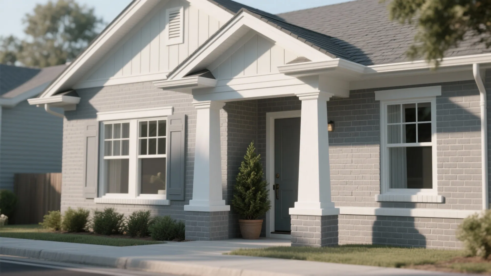 1. Classic White Trim with Soft Gray Brick