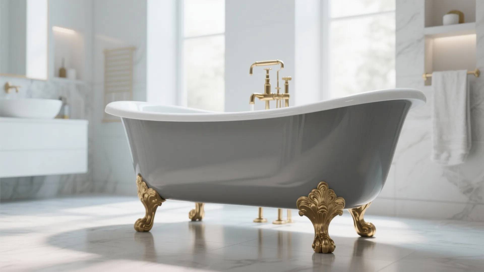 10. Matte Gray Bathtub with Gold Feet