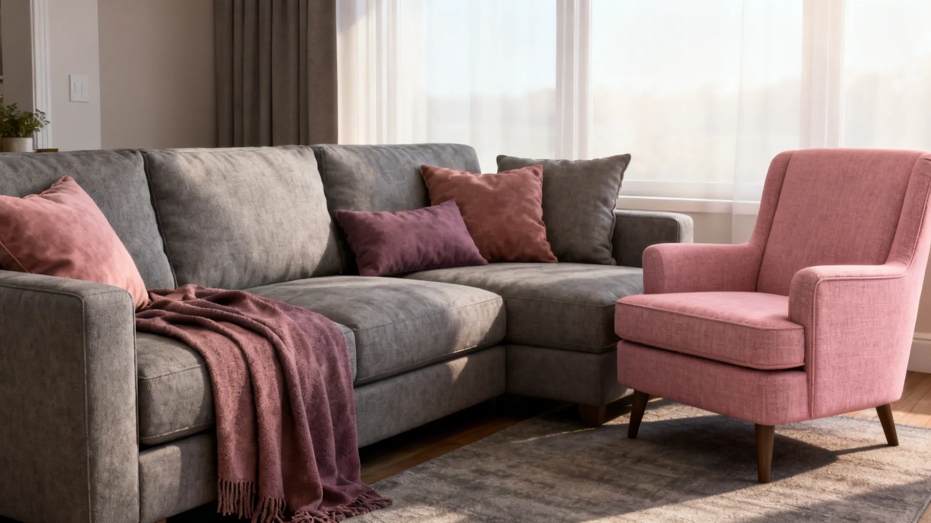 Gray sofa with mauve and dusty-rose cushions and a pink accent chair in a family-friendly living room.