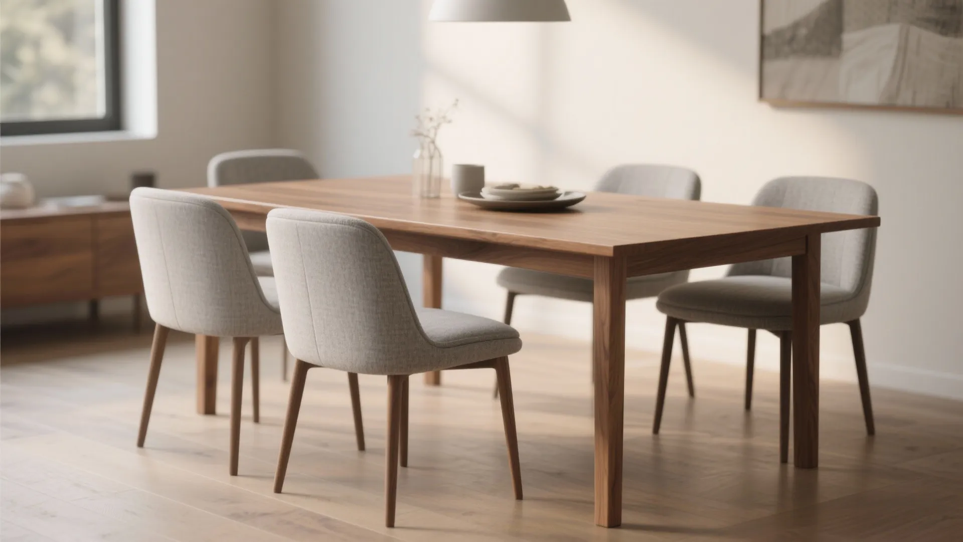 1. Mix light gray upholstery with a warm wood table