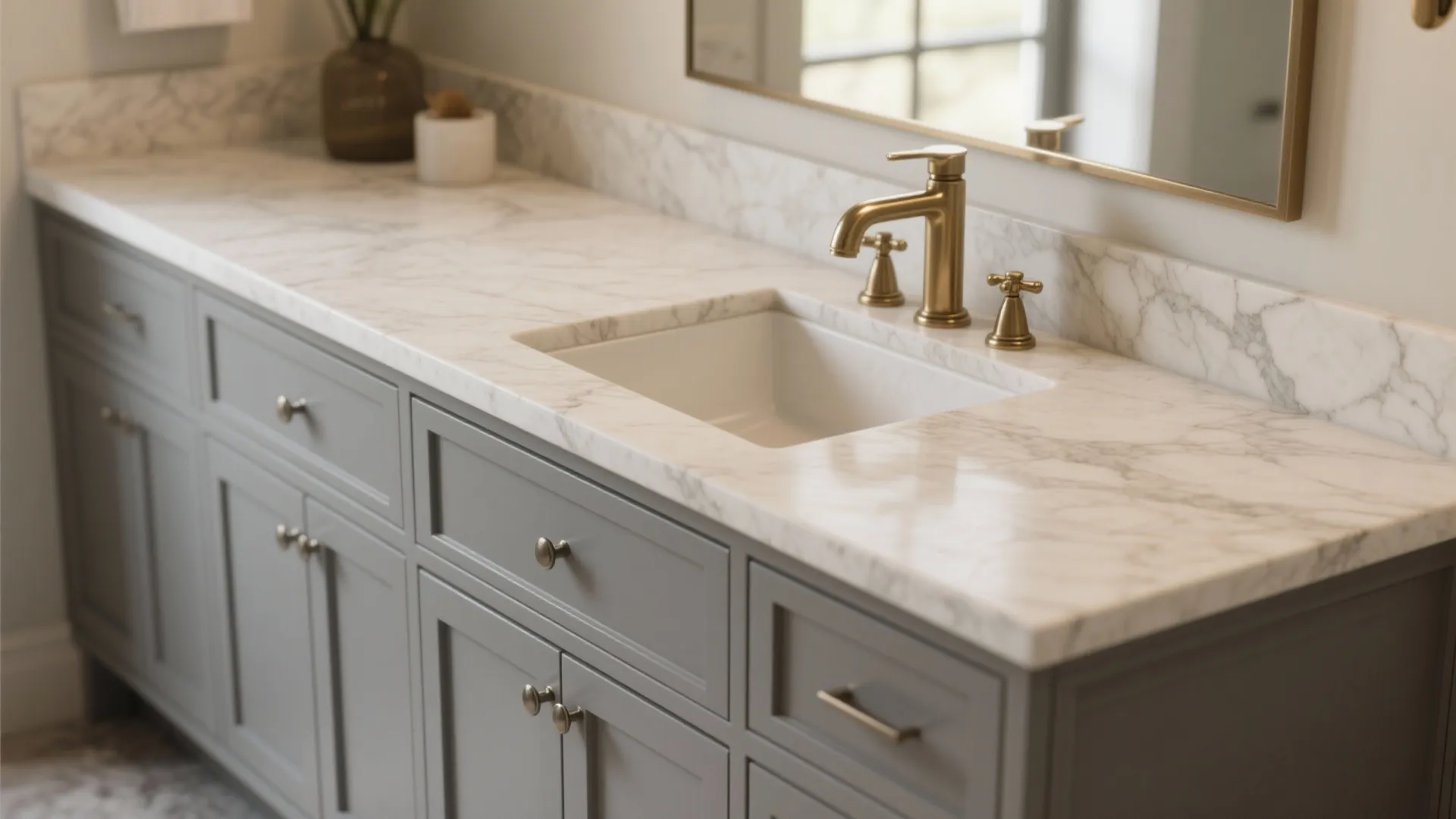2. Gray vanity, beige stone countertop