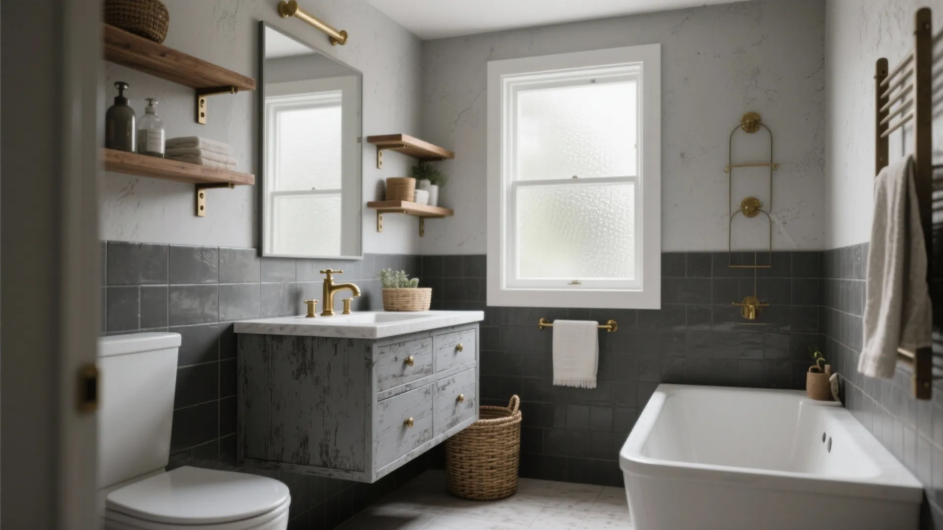 Bathroom interior design with grey wall tiles white bathtub wooden shelves and a gold wall light