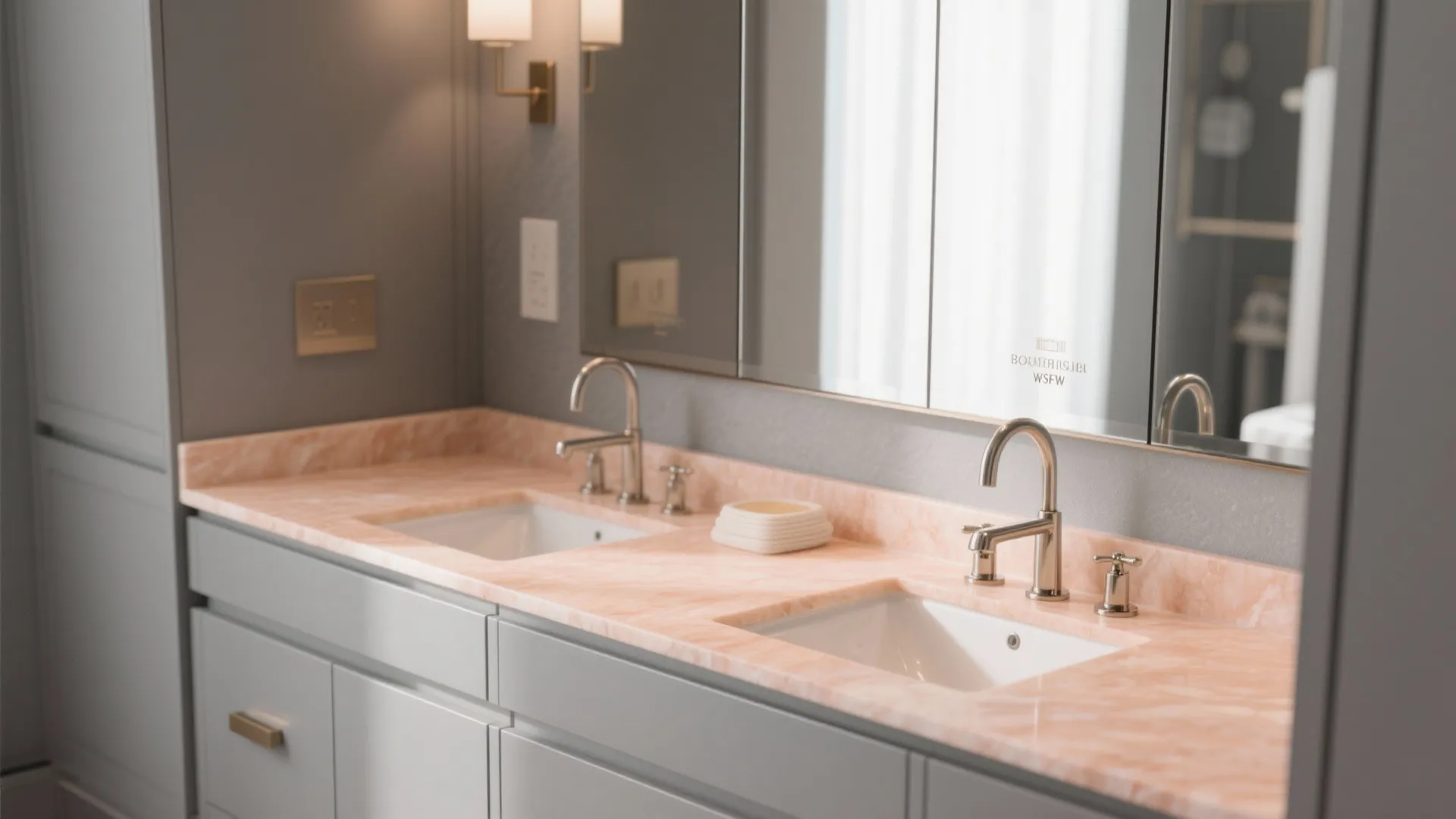 3. Matte Gray Vanity with Peach Countertop