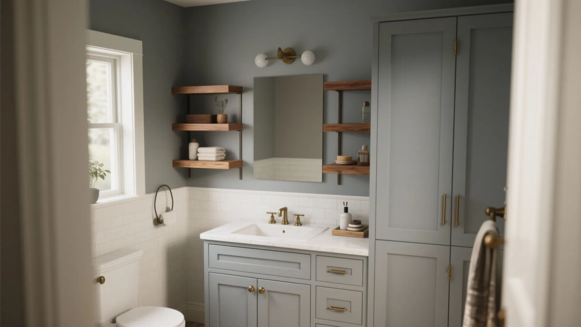 Modern bathroom with gray cabinet vanity wooden wall shelves mirror white sink and light blue walls