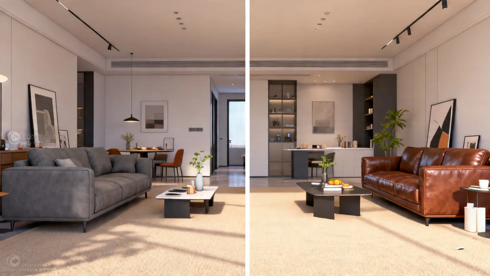 Comparison of gray sofa and brown sofa in a beige carpet living room