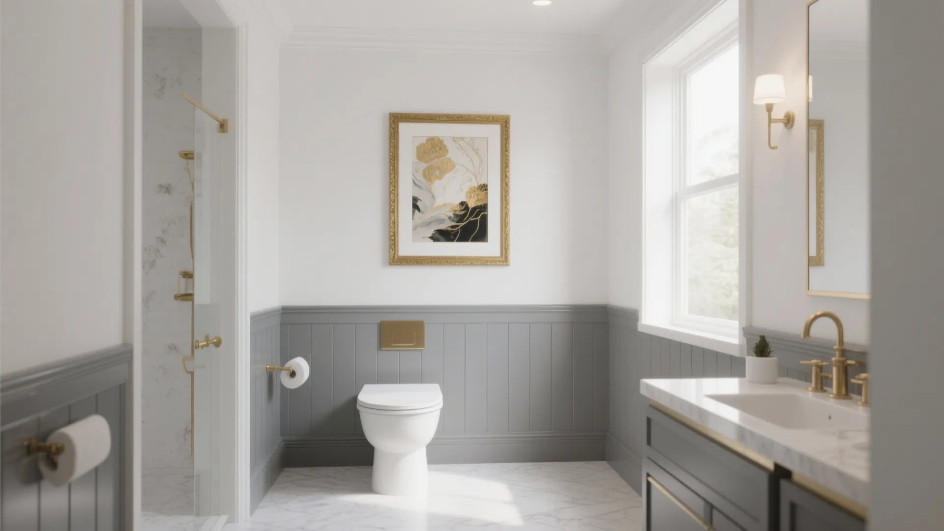 9. Gray Wainscoting with Gold-framed Art