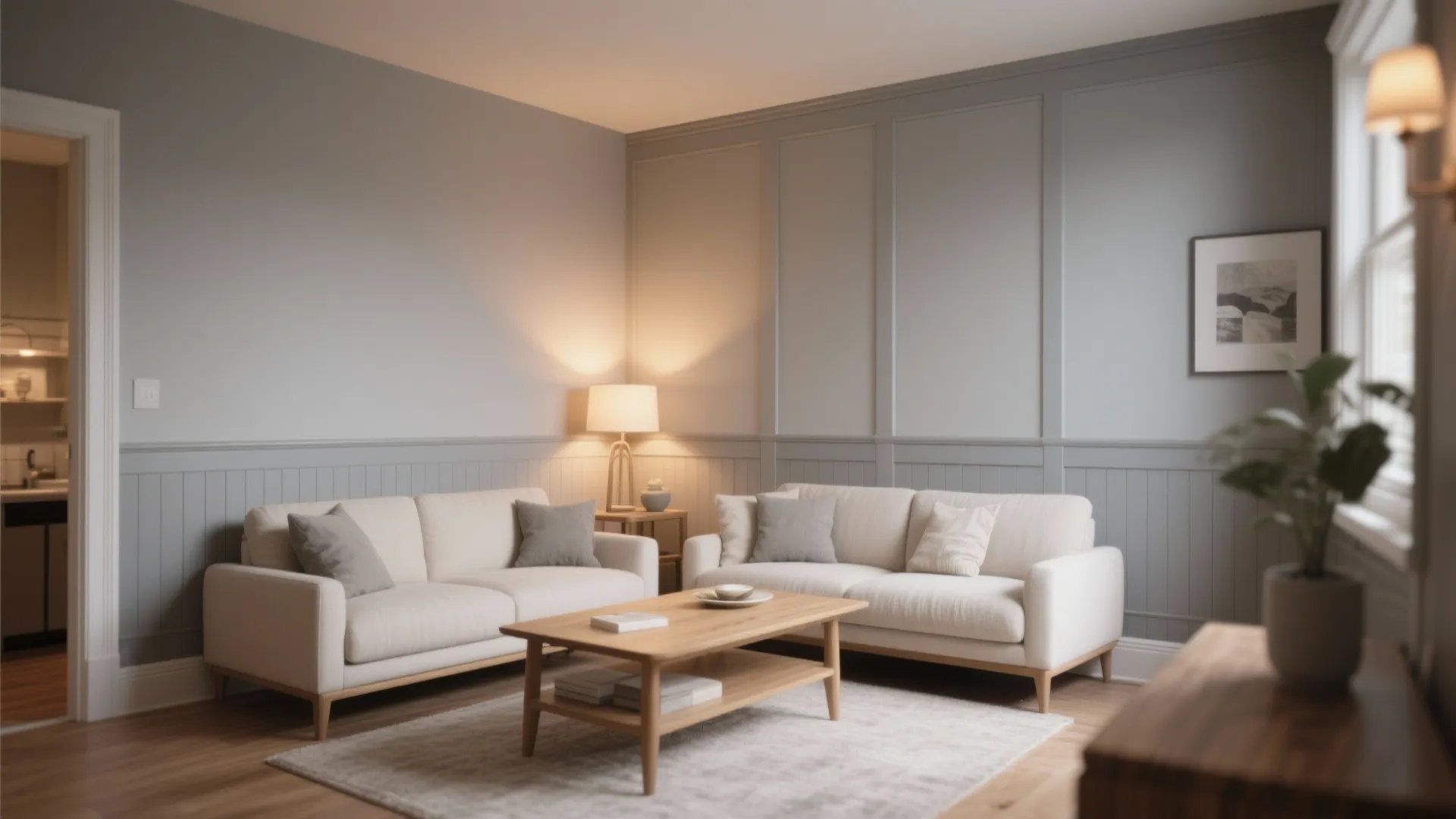 Modern living room featuring gray wall panel decor with white sofas wooden coffee table and rug