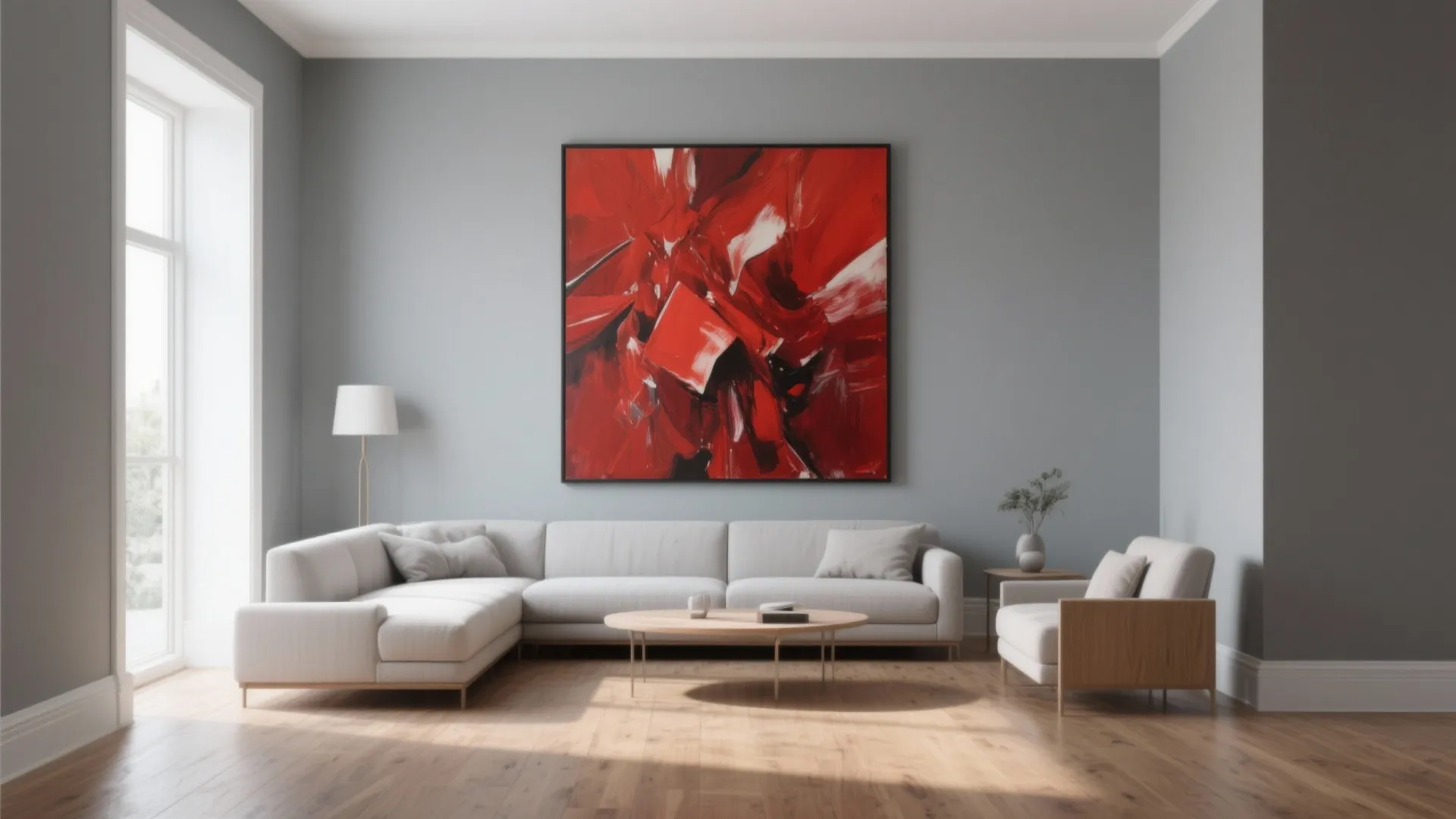 Minimalist living room with grey walls large red abstract wall painting white sofa and wooden floor