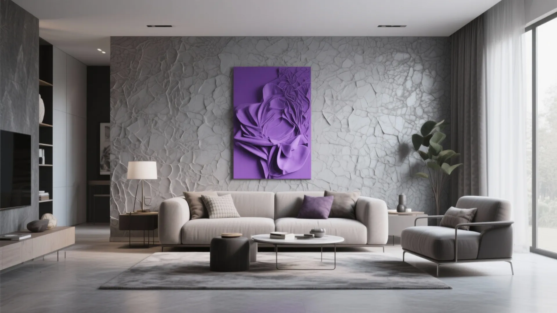 3. Gray Textured Wallpaper with Purple Artwork