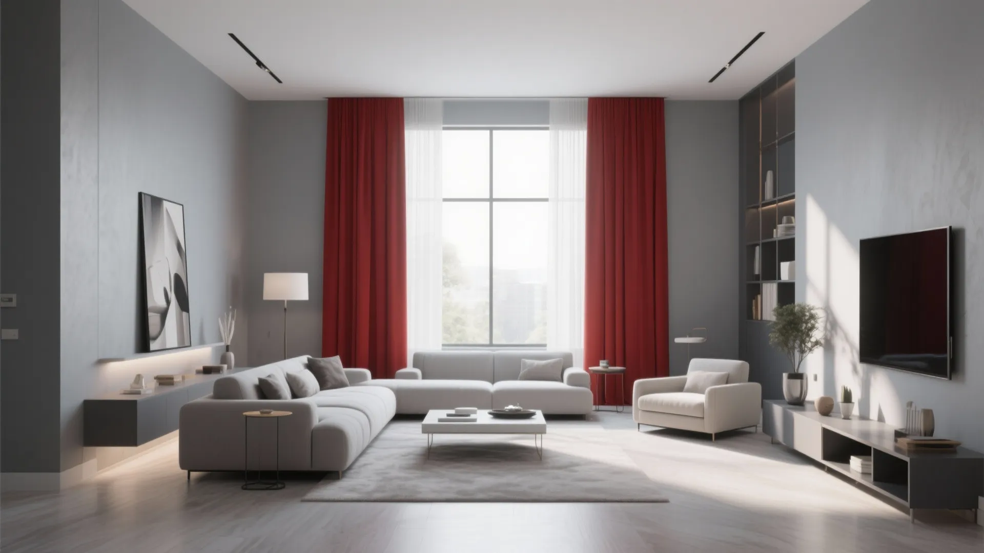 5. Gray Walls, Red Curtains