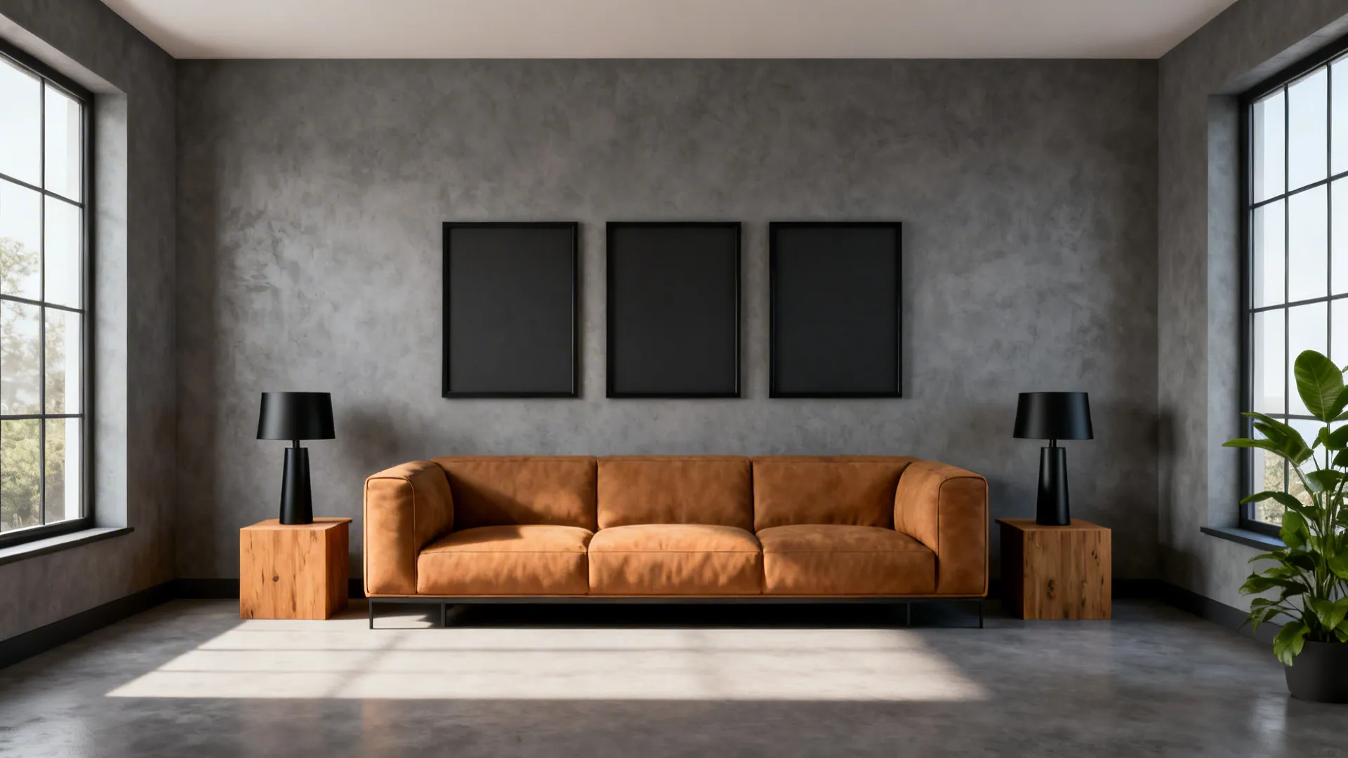 Tan sofa against a mid-tone gray feature wall with black accent elements and natural light.