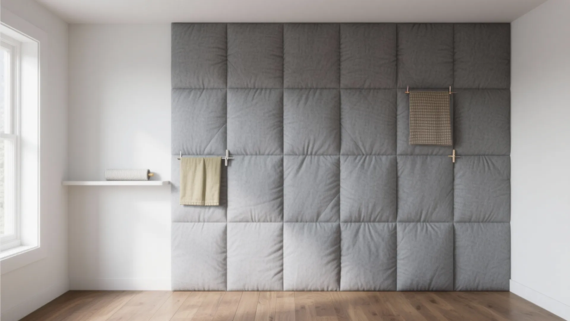 Modern minimal room featuring a large grey padded wall panel with two hanging cloth towels