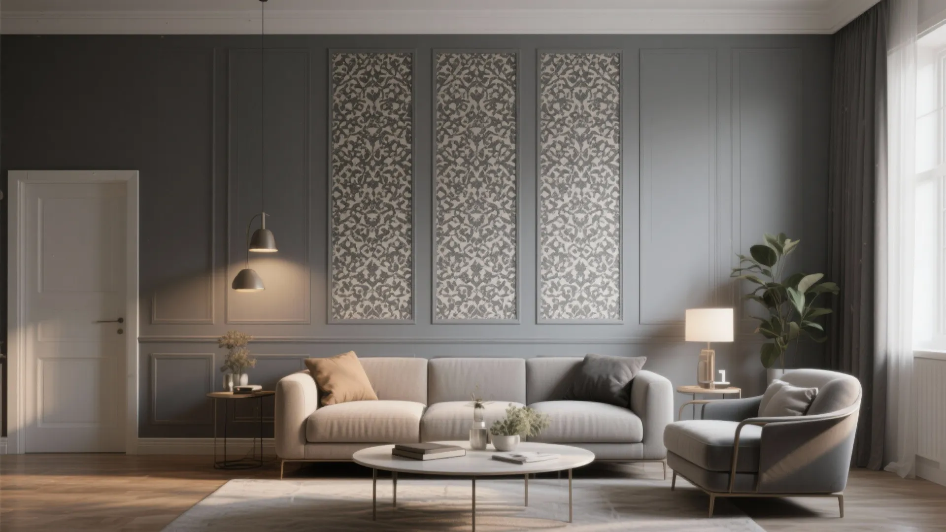 Gray walls with patterned wallpaper panels in a modern living room