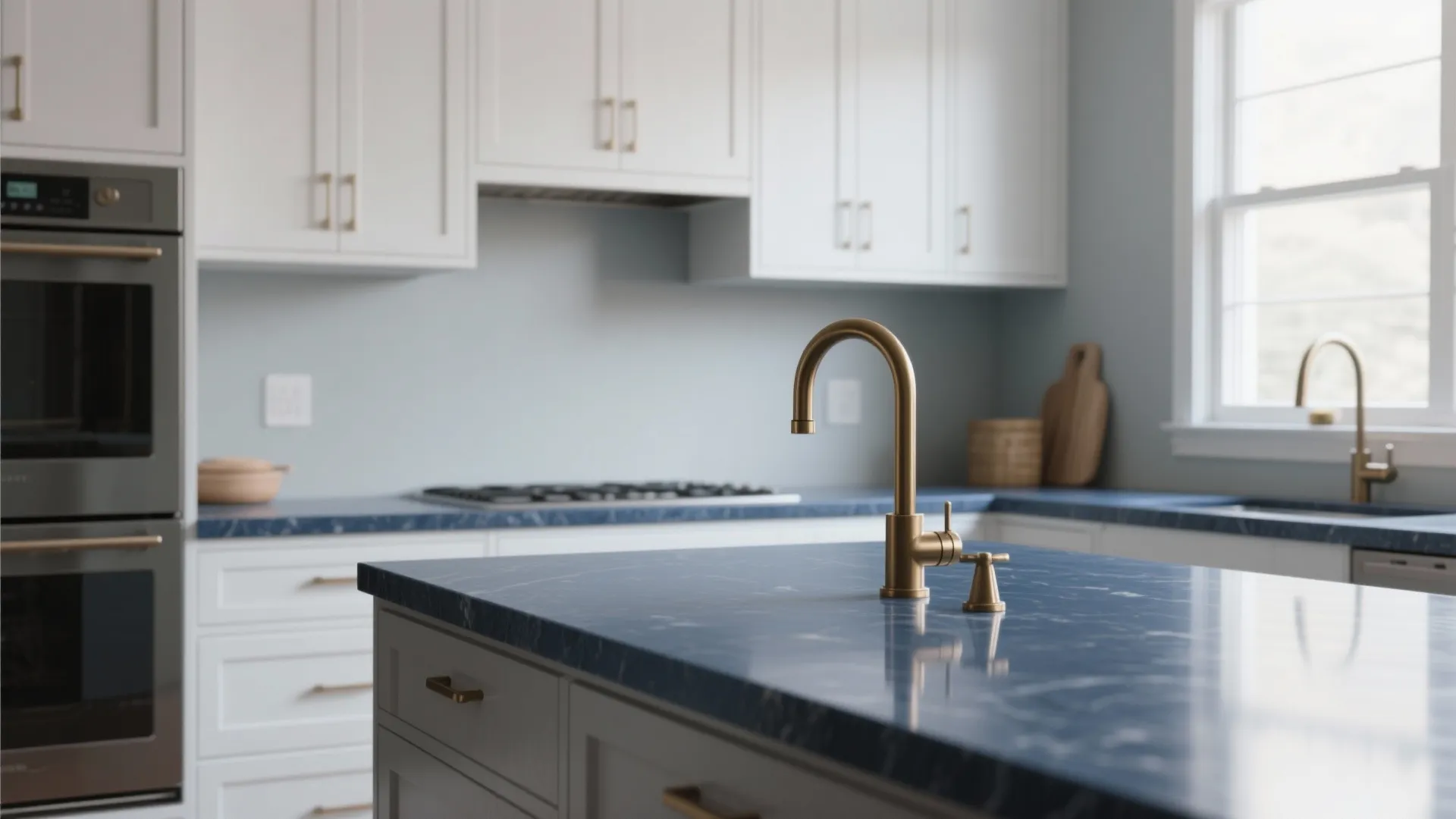 2. Light Gray Walls and Matte Brass Hardware