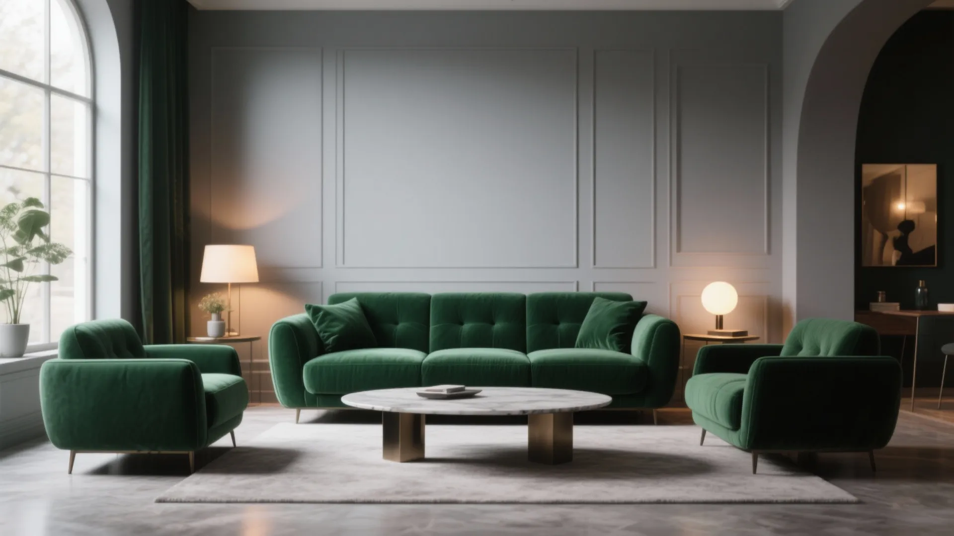 5. Gray Walls with Emerald Green Sofa