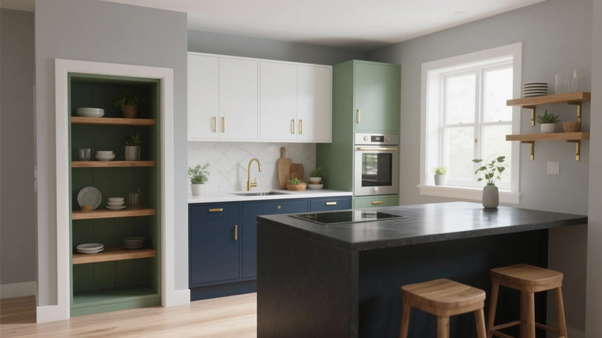 Modern kitchen with navy and white cabinets green storage shelf black island and wood bar stools